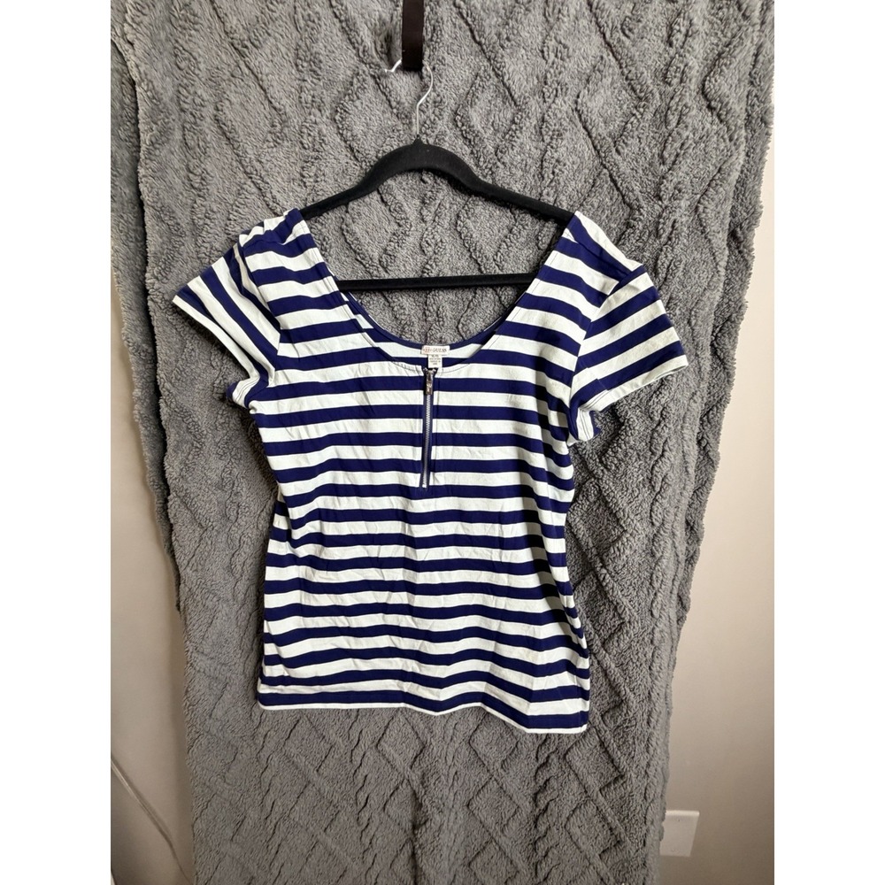GUESS Striped Zipper Neck Short Sleeve Top Women Size CL Blue And White Top Punk